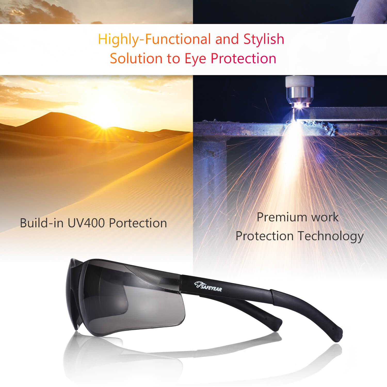 Safeyear Anti-UV Tinted Black Dark Safety Glasses for Men & Women