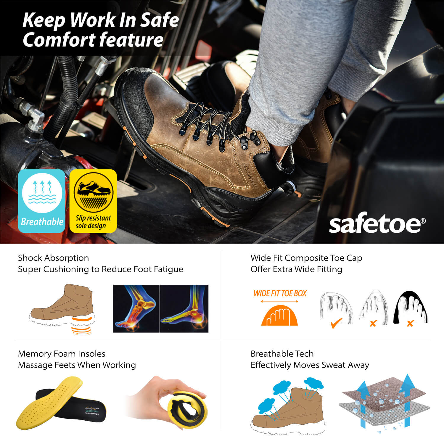 Safetoe S3 Safety Boots Genuine Cow Leather Safety Work Boots with Composite Toe