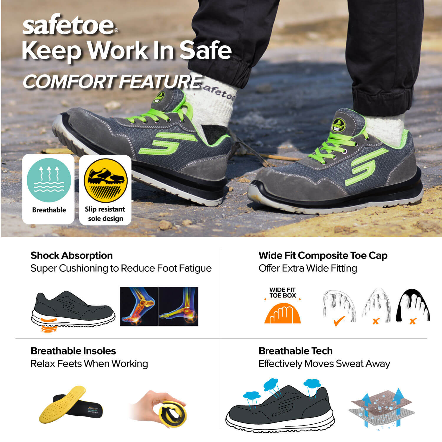 Safetoe Breathable Lightweight Leather Safety Work Shoes